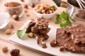 Freshly made chocolate with hazelnuts detail on white plate