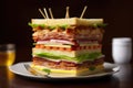 freshly made club sandwich with toothpicks holding layers