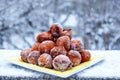 Freshly made donuts from cottage cheese with sugar. German traditional carnival sweet food called quark balls or