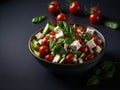 Freshly Made Greek Salad with tomatoes cucumbers, feta on black background. ai generative Royalty Free Stock Photo