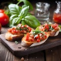 Freshly made Italian bruschetta, diced tomatoes with basil and garlic on toasted bread, closeup, generative AI.