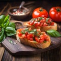 Freshly made Italian bruschetta, diced tomatoes with basil and garlic on toasted bread, closeup, generative AI.