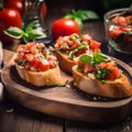 Freshly made Italian bruschetta, diced tomatoes with basil and garlic on toasted bread, closeup, generative AI.