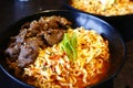 Freshly made Korean noodles soup called Ramyeon Beef