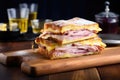 freshly made monte cristo sandwich on a chopping board