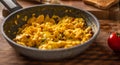 Freshly made scrambled eggs in a cooking pan Royalty Free Stock Photo