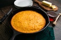 Buttermilk Cornbread Baked in a Cast-Iron Skillet at a Low Angle