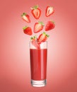 Freshly made strawberry juice on pale red background. Cut and whole berries falling into glass Royalty Free Stock Photo