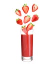 Freshly made strawberry juice on white background. Cut and whole berries falling into glass Royalty Free Stock Photo