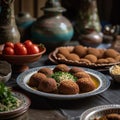 Freshly made Syrian Kibbeh with traditional ceramic plates and salad Royalty Free Stock Photo