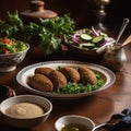 Freshly made Syrian Kibbeh with traditional ceramic plates and salad Royalty Free Stock Photo