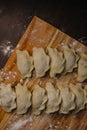 Freshly made traditional dumplings arranged on wooden board Royalty Free Stock Photo