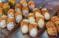 Freshly made traditional Italian cannoli at a bakery in Ventimiglia, Italy