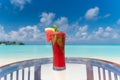 Freshly made watermelon juice with mint on the glass table ocean background at the beach Royalty Free Stock Photo