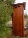 A freshly made wooden outhouse standing next to the fence among pines with long needles.