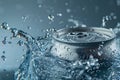 Freshly opened silver can of soda with splashing water drops isolated on blue background Royalty Free Stock Photo