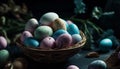 Freshly painted basket holds cute animal eggs generated by AI