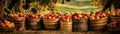 Freshly Picked Apples Displayed In Traditional Farm Baskets. Panoramic Banner. Generative AI