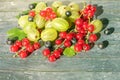 Freshly picked garden currants and gooseberries lie on a hard surface.