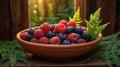 Bowl of Fresh Forest Berries on a Rustic Wooden Table with Fern Leaves Royalty Free Stock Photo