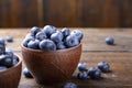 Freshly picked blueberries in bowl. Bilberry on wooden Background. Blueberry antioxidant. Concept for healthy eating and