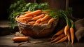 Freshly picked carrot harvest in rustic basket on earthy soil background canon 5d mark iv f5.6