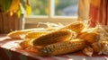 Freshly picked corn cobs arranged on a cheerful yellow backdrop, with scattered kernels and husks adding, AI generated