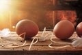 Freshly picked eggs on table with chicken within henhouse background Royalty Free Stock Photo