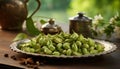 freshly picked green cardamom pods and their aromatic leaves