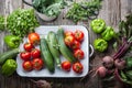 Freshly picked heirloom tomatoes, zucchini, beets, kale, peppers, cilantro and oregano on an old barn wood background