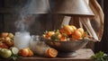 freshly picked oranges and white juice on table