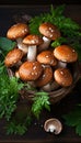 Freshly picked porcini mushrooms and sprigs of dill in a wicker basket on a wooden table. Close-up view from the top