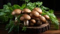 Freshly picked porcini mushrooms and sprigs of dill on a wooden stand. Rustic still life. Close-up view from above