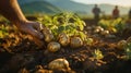 Freshly Picked Potatoes in the Hands of Farmer in a farmer field Healthy Organic Produce Defocused Background