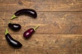 Freshly picked raw eggplants on dark rustic wooden background Royalty Free Stock Photo