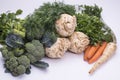 Freshly picked raw organic set of natural vegetables for preparing vegan soup isolated on a white background. Royalty Free Stock Photo