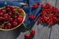 Freshly picked ripe berries of redcurrant close-up on a wooden table Royalty Free Stock Photo