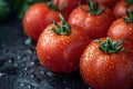 Freshly Picked Ripe Red Tomatoes with Water Droplets: Closeup Image from a Farm. Concept Closeup Royalty Free Stock Photo