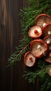 Freshly picked saffron milk-caps decorated with fresh herbs lying on a wooden table. Rustic still life with edible mushrooms. Red