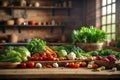 Freshly picked vegetables on a wooden table inside a farmhouse kitchen.