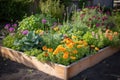 freshly planted garden bed, filled with vibrant blooms and foliage