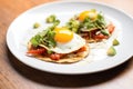 freshly plated huevos rancheros with a golden crispy tortilla edge