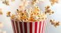 Flying Popcorn Exploding from Classic Red Striped Container (Generative AI). Royalty Free Stock Photo