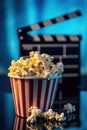 Freshly Popped Popcorn in a Classic Red and White Stripe Cup With a Movie Clapperboard in the Background