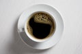 Freshly poured black coffee with froth in white ceramic cup isolated on white from above.