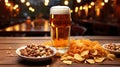 Freshly poured glass of light beer with foam and snacks, chips, nuts on a wooden table against a background of a blurred country