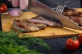 Freshly prepared beef steak is cut into slices. The meat is medium rare Royalty Free Stock Photo