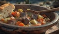 Freshly prepared beef stew with grilled vegetables on rustic plate generated by AI