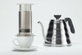 Freshly prepared black coffee in chemex pour over coffee maker near white coffee cup. Alternative brewing. 3d rendering