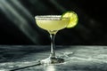 Classic Margarita cocktail in a salt-rimmed glass with lime garnish on a dark bar countertop Royalty Free Stock Photo
